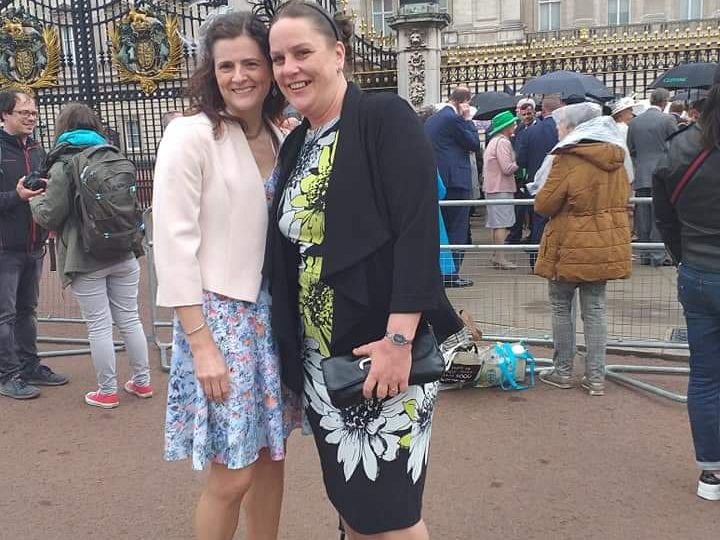 Andrea Cairns with her friend Lesley Ash at Buckingham Palace