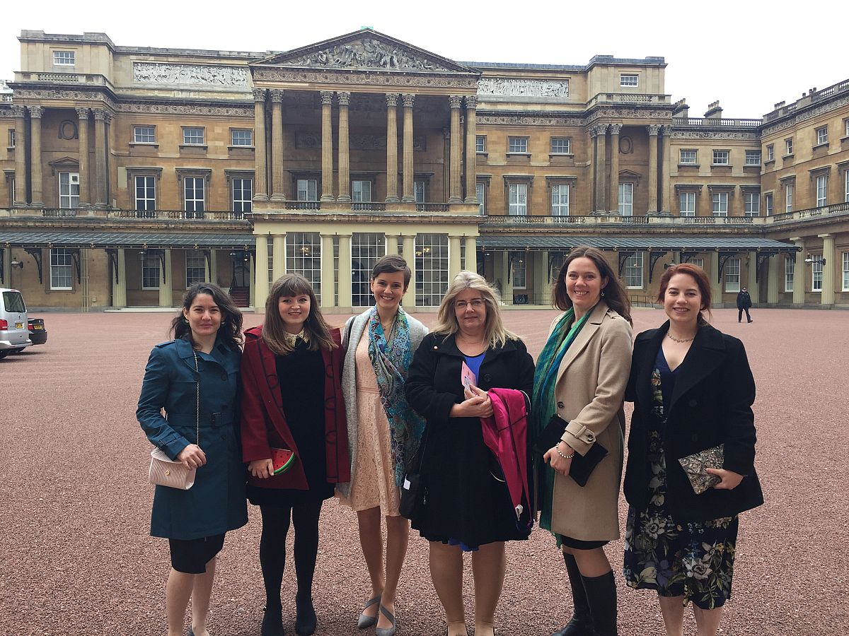 Helen, centre right, with colleagues from the Durham Infancy and Sleep Centre outside Buckingham Palace.
